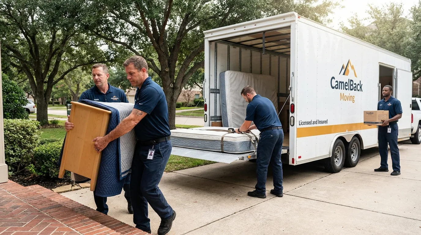 Crew loading residential truck for cross-state move from Addison, TX