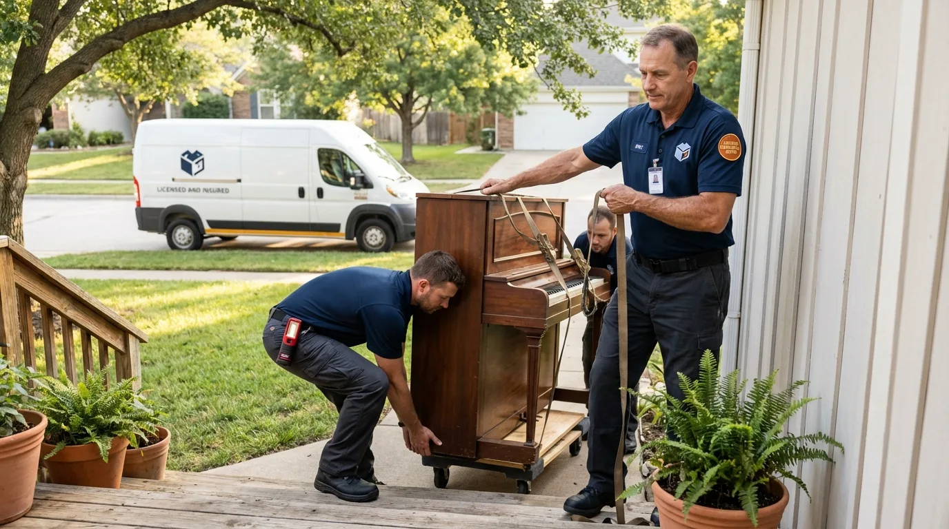 Licensed piano movers securing grand piano in Addison, TX