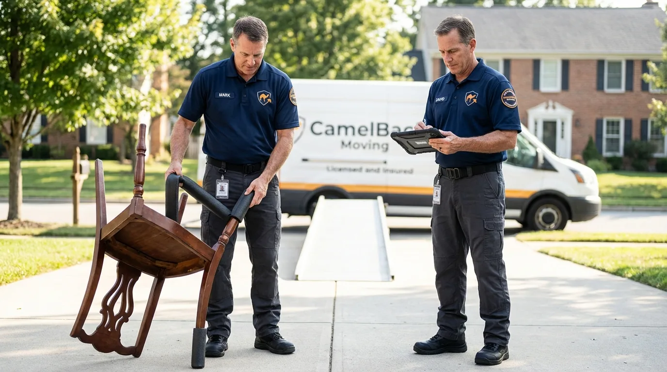 Movers inspecting furniture for damage prevention before loading in Addison, TX