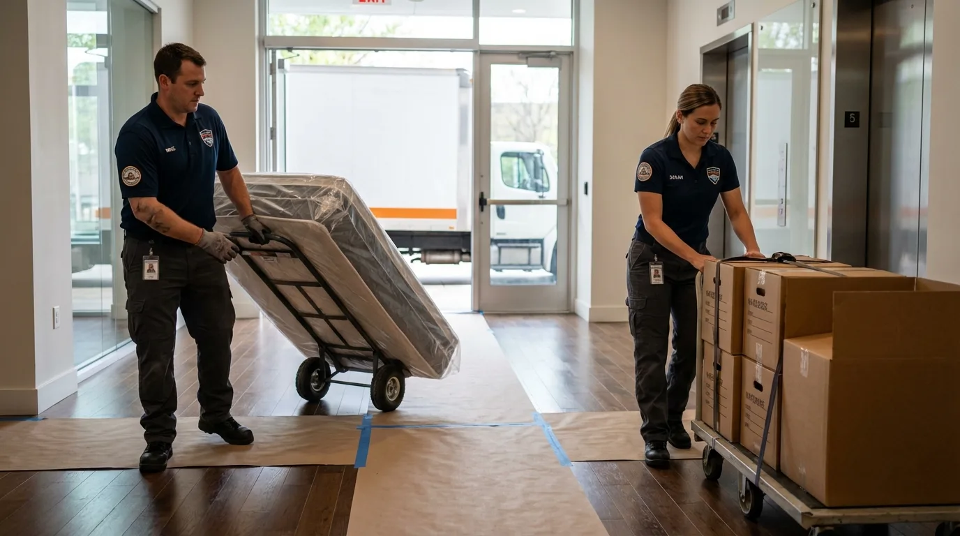 Professional apartment movers loading elevator in Addison, TX